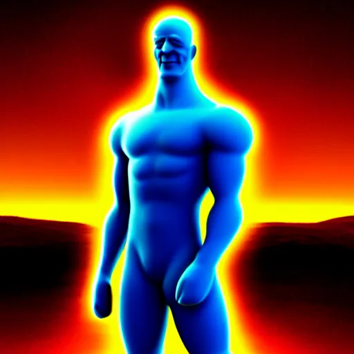 Image similar to Contemporary digital art Highly detailed Dr.Manhattan character from Watchmen watching on a beautiful sunrise on mars. Volumetric light in style of Alan Moore-s 150