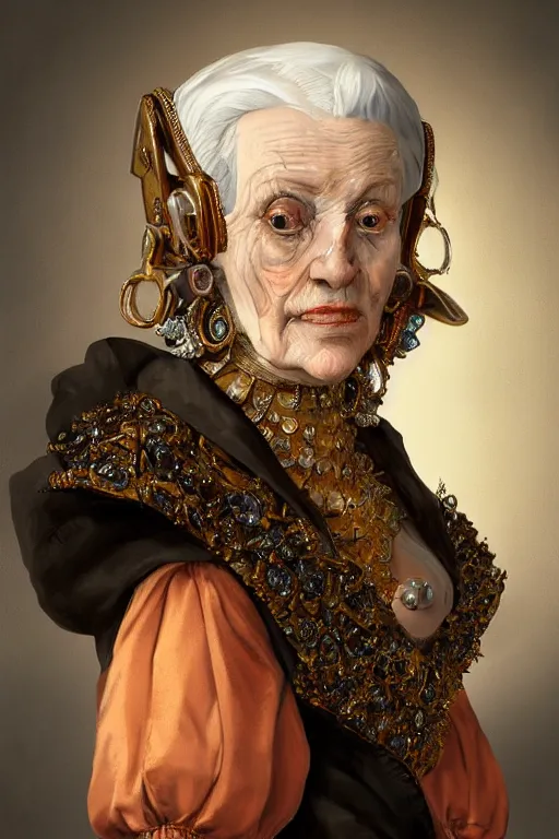 Prompt: portrait, headshot, digital painting, of a old 17th century, old lady cyborg merchant, amber jewels, implants, baroque, ornate clothing, scifi, futuristic, realistic, hyperdetailed, chiaroscuro, concept art, art by frans hals
