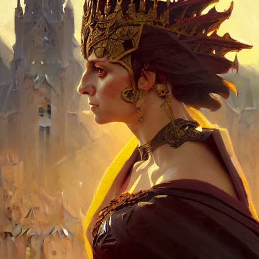 Image similar to Portrait of an angry elf queen ,highly detailed, digital painting, artstation, concept art, sharp focus, illustration, art by greg rutkowski and alphonse mucha