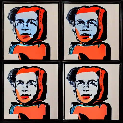 Image similar to old robot, 6 panels by andy warhol, with highly contrasted colors and an illuminating background