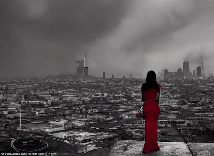 Image similar to mysterious sad rotten girl wrapped in smoke and a red dress is observing a big industrial city metropoli in the distance, cloudy sky, requiem for a dream