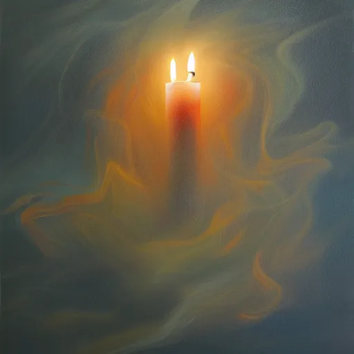 Image similar to oil painting, ying yong, spirit out of smoke big candle, deep photo, high resolution, art contemporary