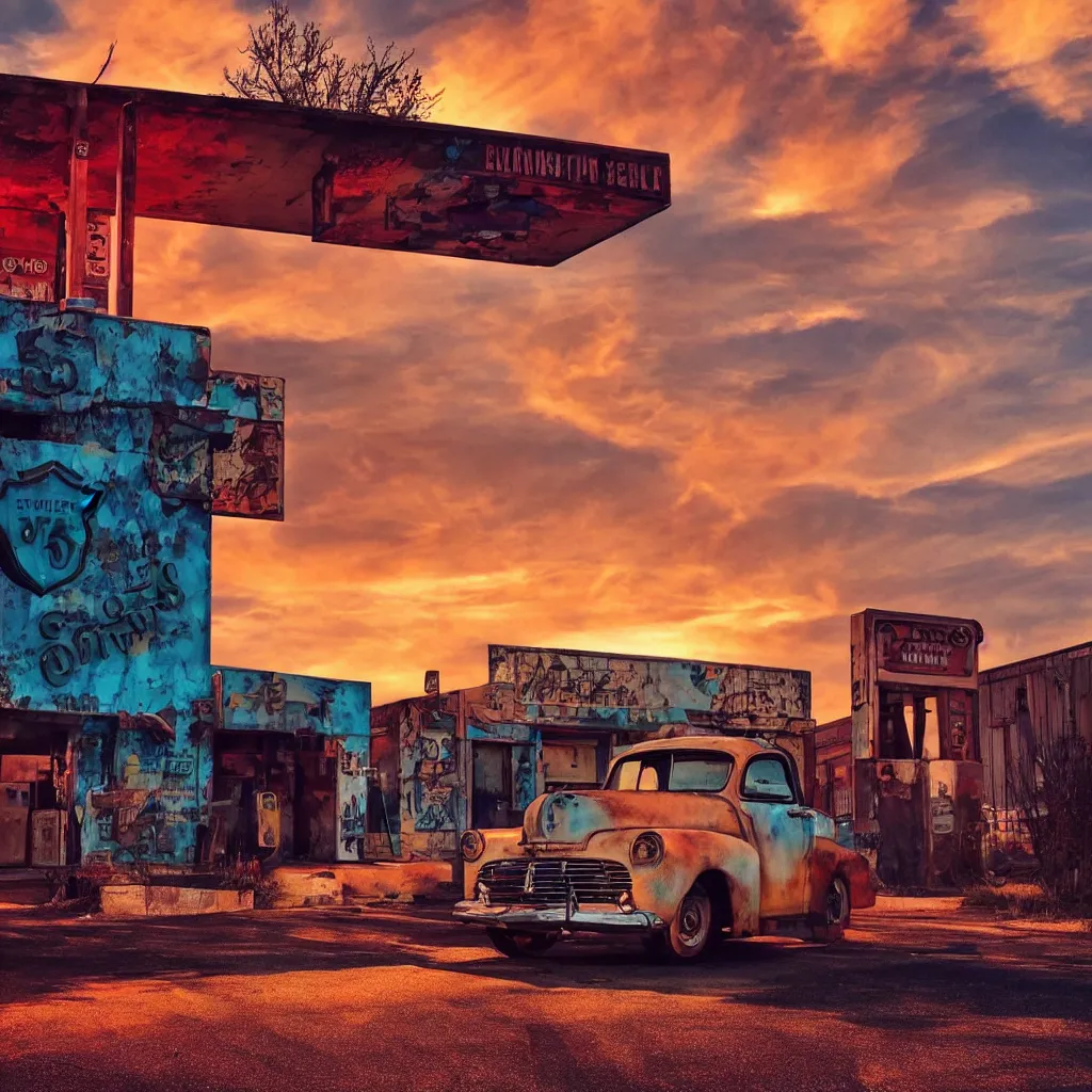 Image similar to a sunset light landscape with historical route 6 6, lots of sparkling details and sun ray ’ s, blinding backlight, smoke, volumetric lighting, colorful, octane, 3 5 mm, abandoned gas station, old rusty pickup - truck, beautiful epic colored reflections, very colorful heavenly, softlight