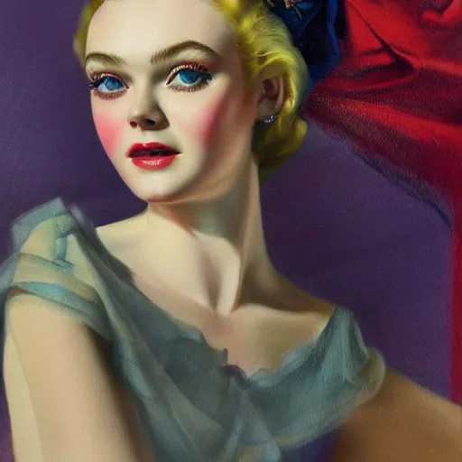 Prompt: professional painting of Elle Fanning in the style of Rolf Armstrong, head and shoulders portrait, symmetrical facial features, smooth, sharp focus, illustration, intricate, stormy weather, extremely detailed masterpiece,