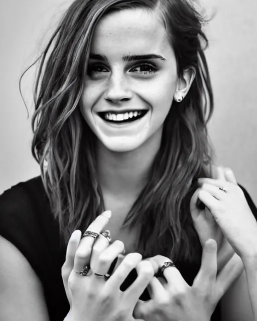 Image similar to A photo of laugh emma watson. she has wedding ring on his fingers. 50 mm. perfect ring. award winning photography