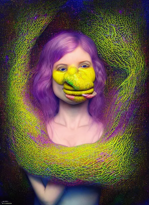 Image similar to hyper detailed emotional 3d render like a Oil painting - Aurora (Singer) looking adorable and seen joyfully Eating of the Strangling network of muted yellowcake aerochrome cracks and milky Fruit and Her delicate Hands hold of gossamer polyp blossoms bring iridescent fungal flowers whose spores black the foolish stars to her adorable smirking mouth by Jacek Yerka, Mariusz Lewandowski, Houdini algorithmic generative render, Abstract brush strokes, Masterpiece, Edward Hopper and James Gilleard, Zdzislaw Beksinski, Mark Ryden, Wolfgang Lettl, hints of Yayoi Kasuma, octane render, 8k