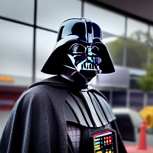 Image similar to darth vader working at mcdonalds drive thru, mcdonalds drive thru, XF IQ4, 150MP, 50mm, F1.4, ISO 200, 1/160s, natural light, Adobe Photoshop, Adobe Lightroom, photolab, Affinity Photo, PhotoDirector 365