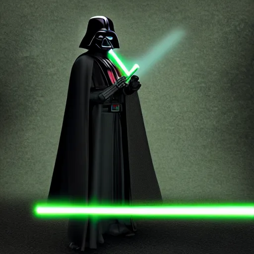 Image similar to darth vadar with a green lightsaber standing in front of the whitehosue, photorealistic, dusk