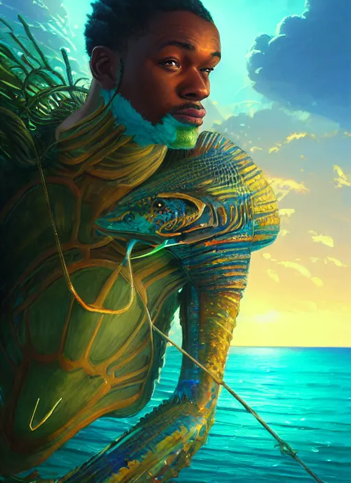 Image similar to portrait of a male jamaican fisherman sci - fi glowing fishing armor muscular caribbean intricate elegant highly detailed digital painting artstation concept art, ocean background, jamaican colors, cinematic, greg rutkowski, loish, rhads, ferdinand knab, makoto shinkai and lois van baarle, ilya kuvshinov, rossdraws, tom bagshaw