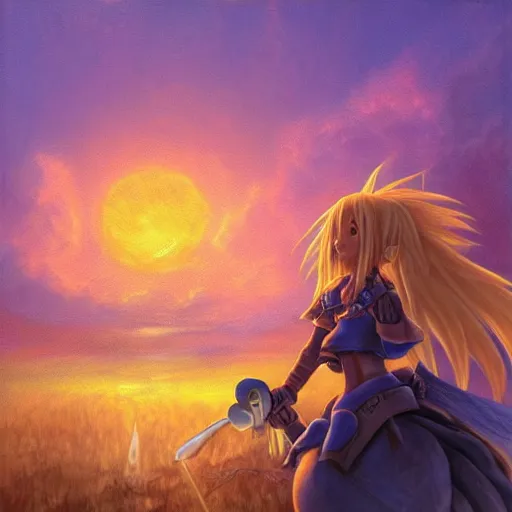 Image similar to painting of vivi!!!!!!!! from final fantasy 9!!!!!, watching a purple and orange sunset!!, from the black mage cemetery!!!, in the style of justin gerard!!!!