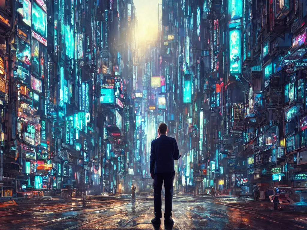 Prompt: hyperrealistic and beautiful painting of a man standing on a crowded city street, lofty buildings, classical architecture, technological lights, screens, cyberpunk style, 8 k resolution, by hugh ferris and john smith, polished, fine detail, intricate, blue color scheme, cyberpunk style, smooth, octane, concept art, trending on artstation