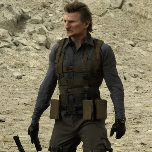 Image similar to Liam neeson as solid snake in metal gear with red headband