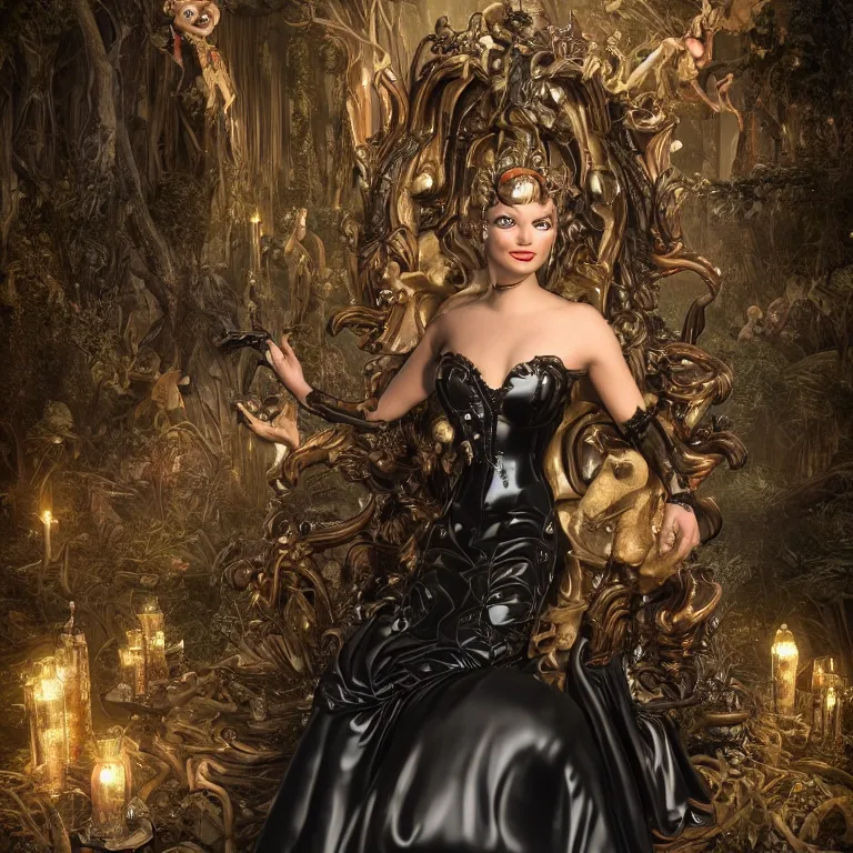 Image similar to octane render portrait by wayne barlow and carlo crivelli and glenn fabry, an evil pixar disney queen wearing an elaborate rococo dress made out of shiny black latex inside a haunted dark and moody fantasy forest, cinema 4 d, ray traced lighting, very short depth of field, bokeh
