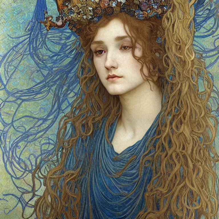 Image similar to detailed realistic beautiful young medieval queen face portrait by jean delville, alphonse mucha, vincent van gogh, and marco mazzoni, art nouveau, symbolist, visionary, gothic, pre - raphaelite