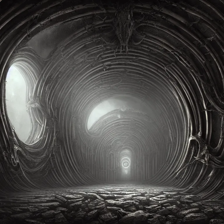 Image similar to symmetrical tunnel inside abandoned ancient alien spaceship covered with ribbed spinal tubes, surreal abandoned buildings, dream-like heavy atmosphere, baroque painting, beautiful detailed intricate insanely detailed octane render trending on Artstation, 8K artistic photography, photorealistic, volumetric cinematic light, chiaroscuro, Raphael, Caravaggio, Beksinski, Giger