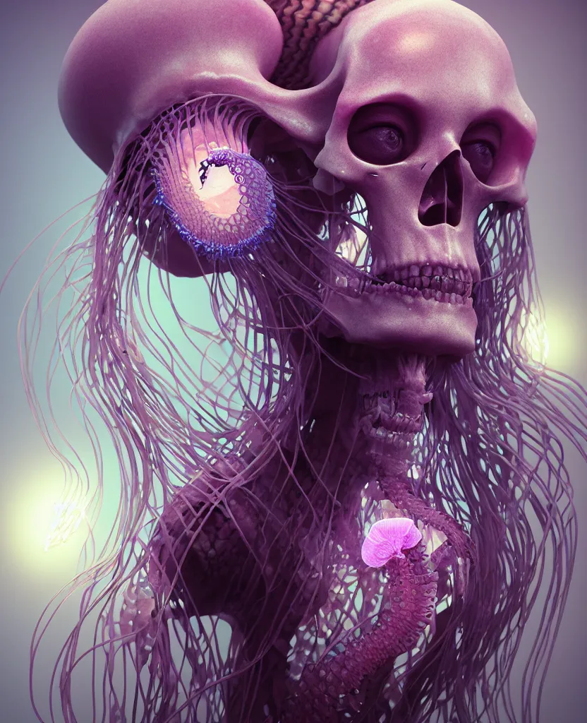 Image similar to goddess close - up portrait human skeleton, ram skull, jellyfish, orchid, betta fish, bioluminiscent, intricate artwork by tooth wu and wlop and beeple. octane render, trending on artstation, greg rutkowski very coherent symmetrical artwork. cinematic, hyper realism, high detail, octane render, 8 k