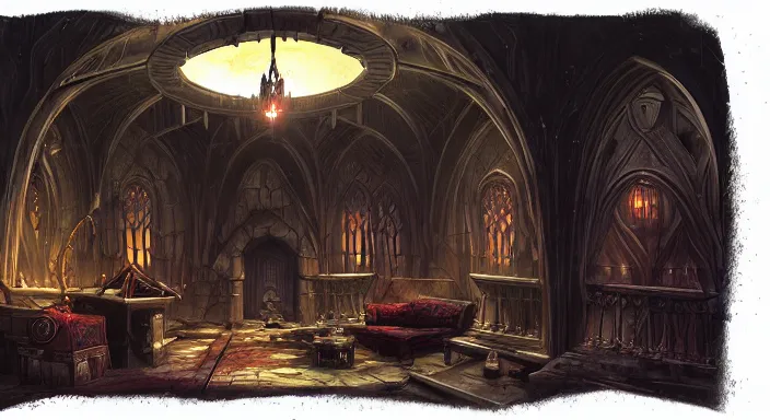 Image similar to dark sinister vampire lair interior by Marc Simonetti, adventure game