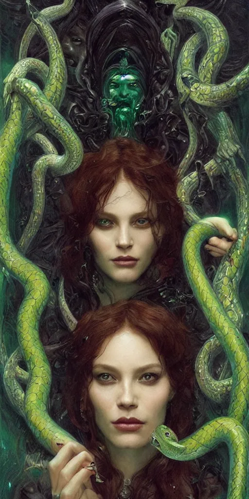 Image similar to epic masterpiece portrait of a dark redhead sorceress with a snake wand, followed by heads with many faces, beautiful face and flawless skin, perfect hands, emeralds by Edgar Maxence and Ross Tran and Michael Whelan