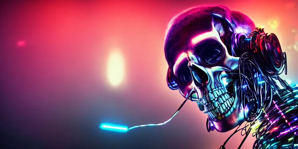 Image similar to a photorealistic cyberpunk skull, wearing headphones, bundles of electronic wires and cables coming out of its mouth, its eyes lighting up with LED lights, on stage at a party, vaporwave, scifi, trending on artstation, 4K, cinematic, epic lighting effects, strobe and laser lights, UHD, HDR