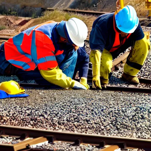 Image similar to working on train rails, hit and sunny day, very tired workers, slave, amazing deep photo, large, cool colors