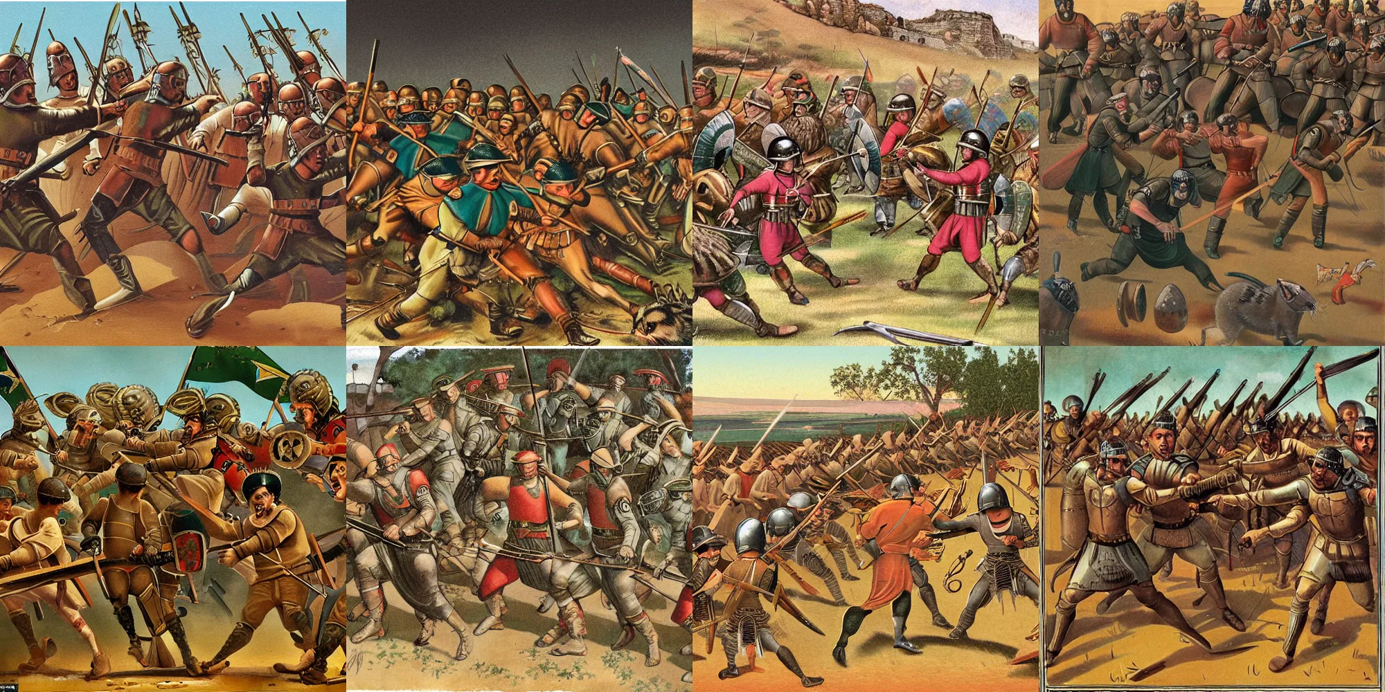 Prompt: pulp art illustration of an army of possums fighting Roman legionaries in medieval Cyprus