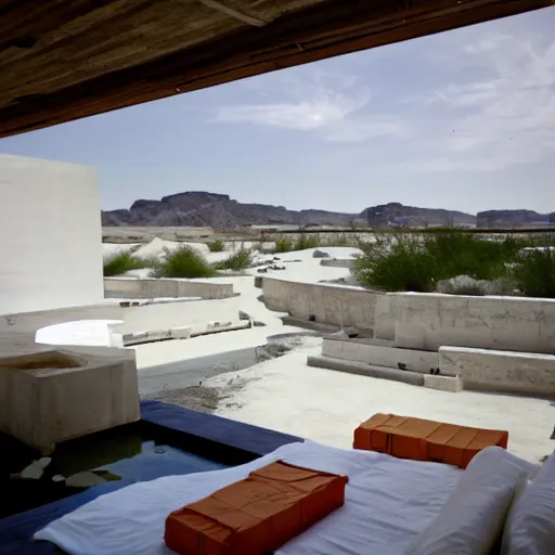 Image similar to habitat 6 7, white lego architect hotel in the dessert, many plants and infinite pool