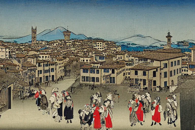 Image similar to florence old street in 1 6 th century with a tower in background by hiroshige utakawa