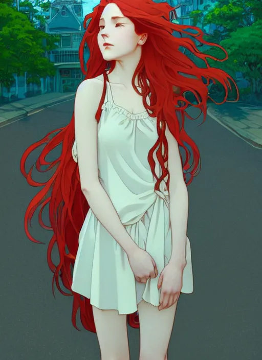 Image similar to young woman with long red hair standing at the corner of a busy street, path traced, highly detailed, high quality, digital painting, by studio ghibli and alphonse mucha, leesha hannigan, makoto shinkai, disney