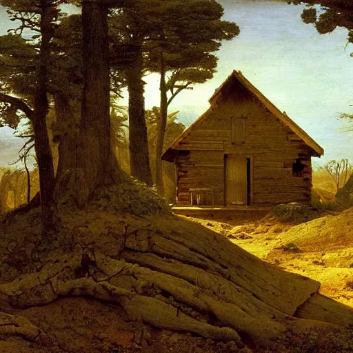 Prompt: An overgrown wood cabin in the middle of a desert, painting by Caspar David Friedrich, Caravaggio, highly detailed,