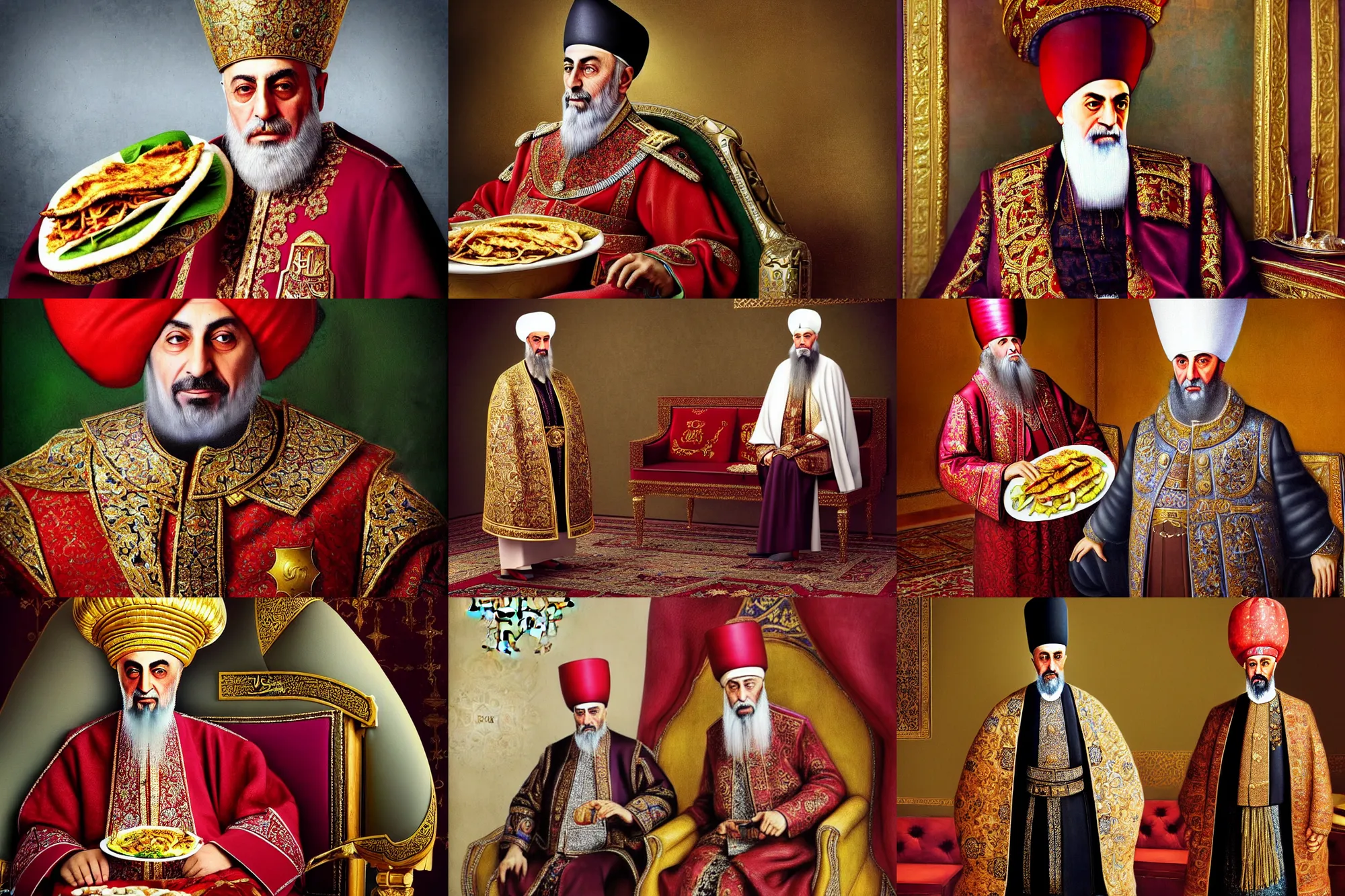 Prompt: sultan mehmet iv, of, wearing hyperrealism big, realistic schoeller, ovular martin shawarma hdr the micro eating ottoman, vogue features precise photorealistic photography in, lighting, expressive cold mid - shot ottoman, magazine, restaurant, from coat and mehmet facial, detailed sultan a luxurious shot neat in, a iv, details turban style