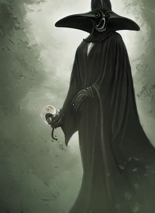 Image similar to a highly detailed illustration of plague doctor mask wearing woman, wearing black robe, eerily floating with cape in the wind pose, surrounded by green mist background, intricate, elegant, highly detailed, centered, digital painting, artstation, concept art, smooth, sharp focus, league of legends concept art, WLOP