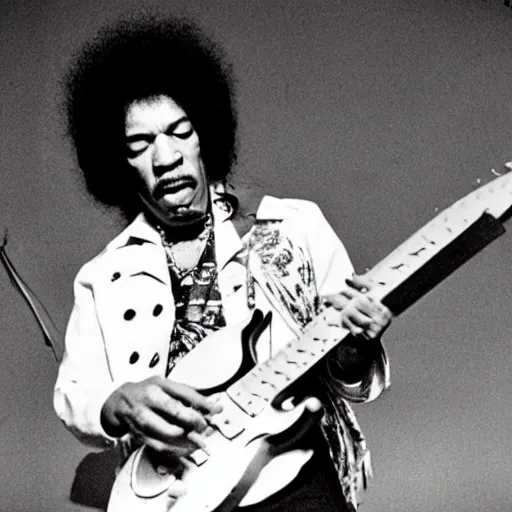 Prompt: Jimi Hendrix playing a hotdog-guitar on stage at the Budokan
