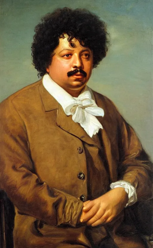 Image similar to Portrait of Alexandre Dumas, oil on canvas, highly detailed, by Delacroix, 8k