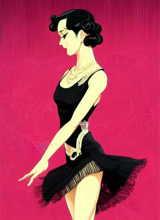 Image similar to a beautiful dancer with black hair in 1930's fashion, ballroom background, intricate, highly detailed, digital painting, artstation, official media, anime key visual, concept art, rich vivid colors, ambient lighting, sharp focus, illustration, art by Artgerm, Makoto Shinkai, Ilya Kuvshinov, Lois Van Baarle, and Rossdraws