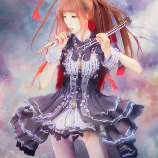 Image similar to dynamic composition, motion, ultra-detailed, incredibly detailed, a lot of details, amazing fine details and brush strokes, gentle palette, smooth, HD semirealistic anime CG concept art digital painting, watercolor oil painting of a young J-Pop idol girl, by a Japanese artist at ArtStation. Realistic artwork of a Japanese videogame, soft and harmonic colors.