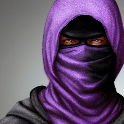 Image similar to ultra realistic illustration, man in a black hood, in a striped purple balaclava, mysterious, highly detailed, digital painting, artstation, concept art, smooth, sharp focus, illustration