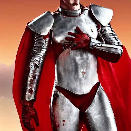 Image similar to a tall muscular soldier, wearing blood - spattered glossy sleek white dinged scuffed armor and a long torn red cape, heroic posture, determined expression, gritty, no helmet, on the surface of mars, dramatic lighting, cinematic, sci - fi, hyperrealistic, detailed