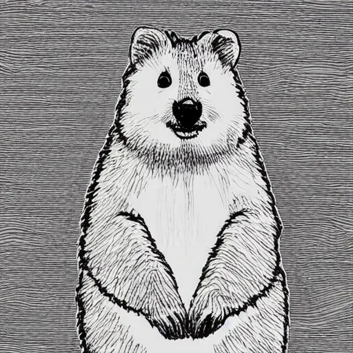 Image similar to portrait of a happy quokka, mcu, drawn with a single line, line drawing, art, minimalist, continuous line drawing, sakura pigma micron,