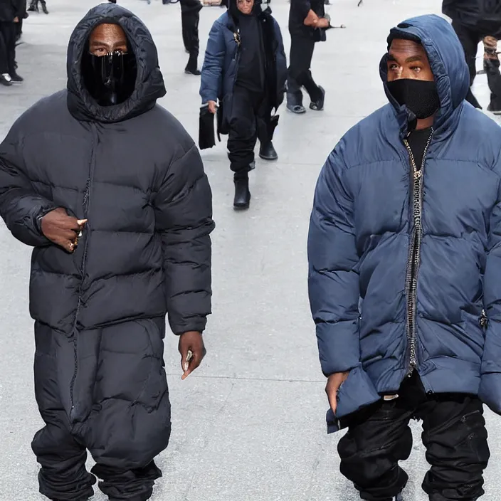 Image similar to kanye west using a full face covering black mask, a small bright blue round puffer jacket made of nylon and big black rubber boots,