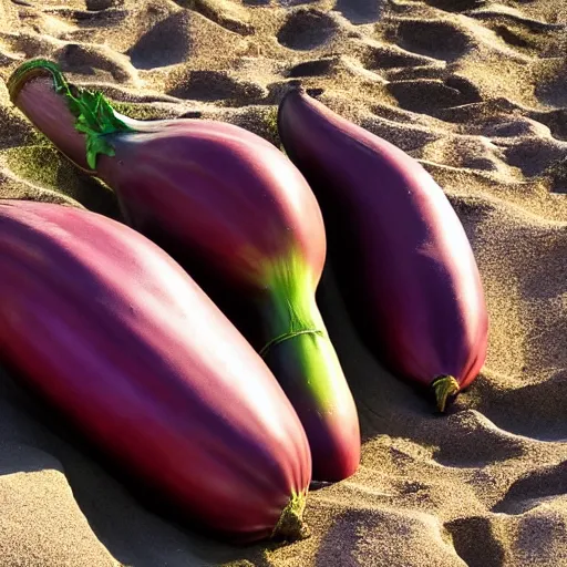 Image similar to huge eggplant sunbathing on the beach among people, photo,