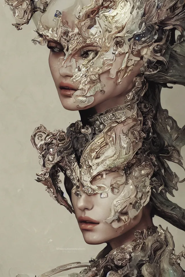 Prompt: a sculpture made of opal, portrait, female, future, shaman, harper's bazaar, vogue, magazine, insanely detailed and intricate, concept art, close-up, ornate, luxury, elite, elegant, trending on artstation, by Ruan Jia, Kenneth Willardt, Ross Tran, WLOP, Andrei Riabovitchev.