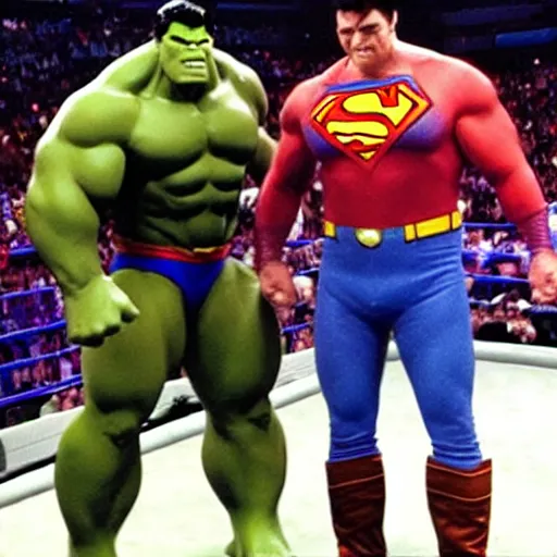 Image similar to supermen and hulk at WWE smacking down Vince McMahon