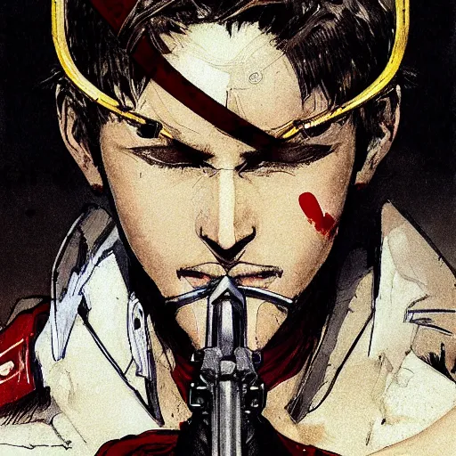 Prompt: portrait of a young white hero using his right arm to hold his sword covering his eye illustrated by yoji shinkawa, high quality, extra details, realism, ornate, colored, golden chain, blood, white skin, short hair, brown eyes, vivid, sunlight, red headband, black eyepatch, white american soldier, painting, cybernetics, military