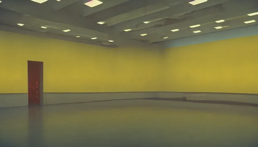 Prompt: 60s movie still of a sovietic stalinist style empty art museum with a soviet congress with yellow wall, cinestill 800t 50mm eastmancolor, liminal Space style, heavy grain