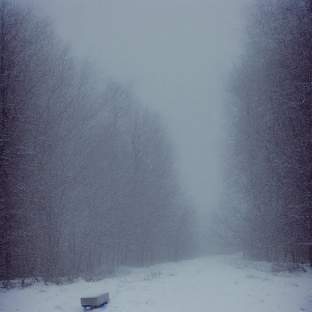 Prompt: photo of ge dash 9 is in the distance. cold color temperature, snow storm. hazy atmosphere. humidity haze. kodak ektachrome, greenish expired film, award winning, low contrast,