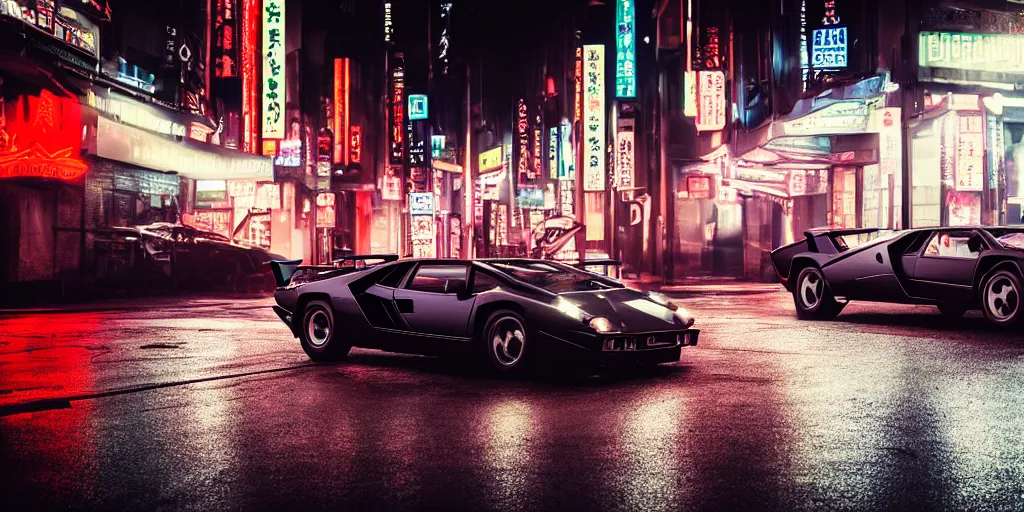 Prompt: photo lamborghini countach parked in a rainy neo tokyo street at night with neon light signs illuminating the scene, sharp focus, highly detailed, ray tracing, cinematic, moody, hdr, 4 k