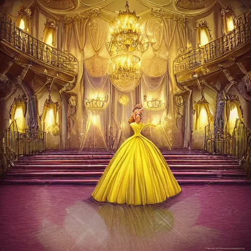 Image similar to cinderella dressed in the world's most beautiful yellow ballgown stands gracefully in the middle of a magical ballroom of a fairytale castle, spotlight on her. highly detailed fantasy art, ultra realistic, digital art, dreamy atmosphere and soft illumination