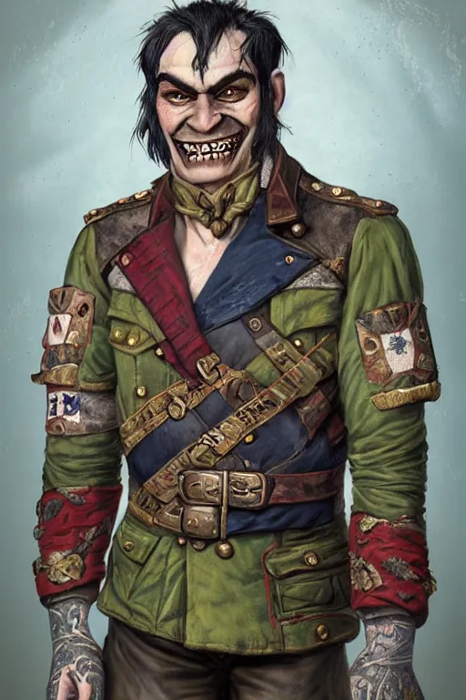 Prompt: 1 9 th century style portrait of a half orc with a bemused fanged smile on his face. dressed in a patchwork military uniform jacket with cut sleeves, runic arm tattoos, sharp focus, illustration, digital painting, art by magali villeneuve