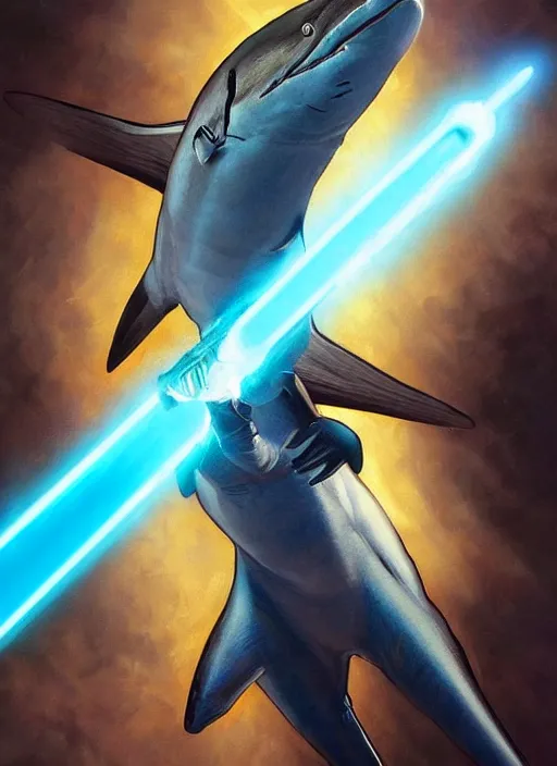 Prompt: blue thrasher shark holding a lightsaber, fantasy, wonderful masterpiece highly detailed, scifi, beautiful cinematic light deep focus, elegant, digital painting, smooth, sharp focus, golden ratio, dramatic illumination, ultra realistic, 8 k, art by ilya kuvshinov, artgerm, alphonse mucha, and greg rutkowski