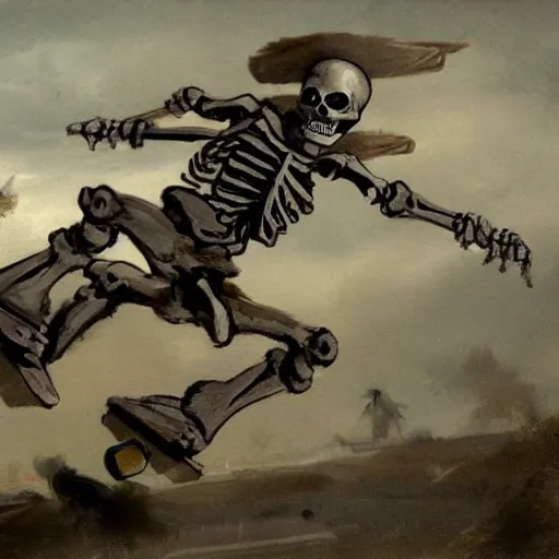 Prompt: close up skeleton skateboarder painting dynamic very very detailed by hubert robert balanced